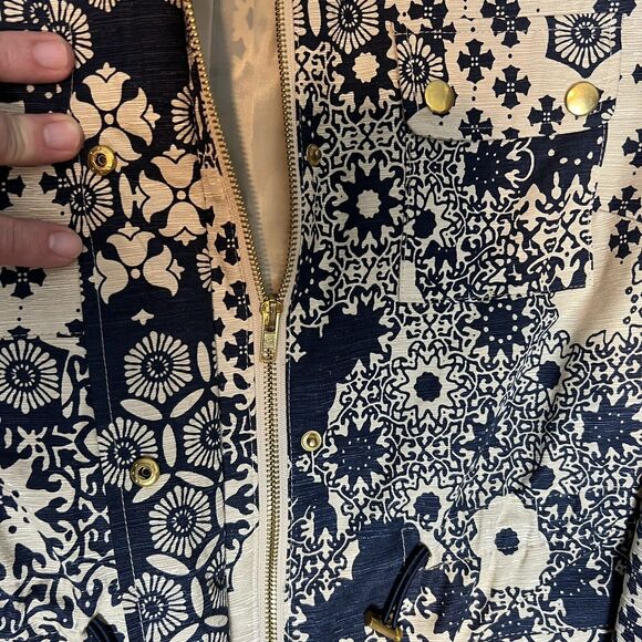 Silk Land  Blazer Jacket Floral Geometric Blue Beige‎ Zip Women's Small Vintage - Picture 4 of 6